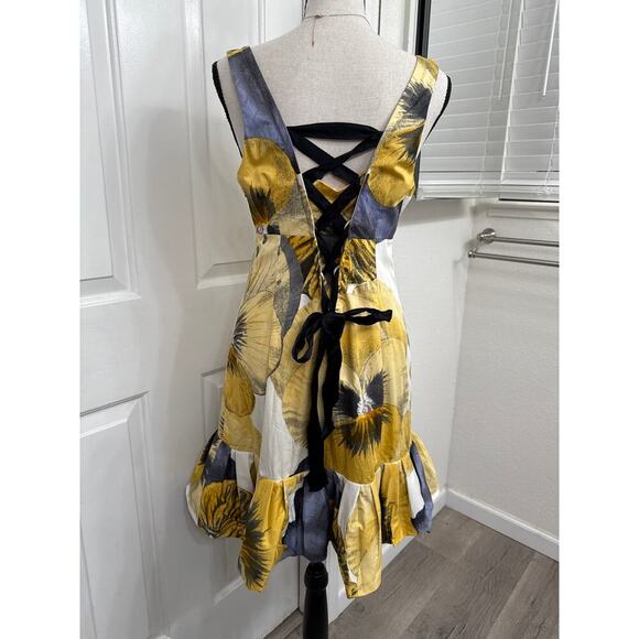 Leifsdottir Bellis Brushstroke Mini Dress Sz 6 Yellow Floral Ruffle Romanticcore - Picture 5 of 11